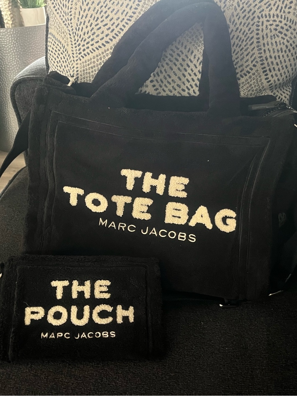 Marc Jacobs Black Suede 'The Tote Bag' with Cream Bouclé Logo and Pouch